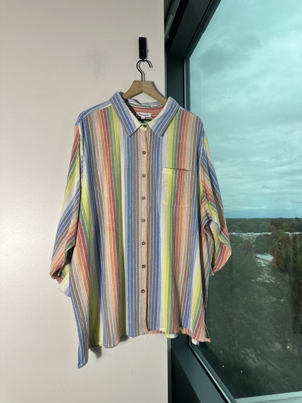 Serengeti Women Multicolor Cotton Vertical Striped Button Up LongSleeve Shirt 3X